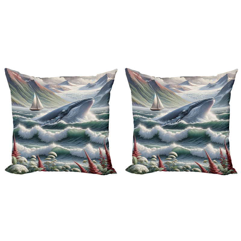 429459_Ambesonne Housse de coussin nautique 2Pack Whale Mountains and Boat, H 24 po x l 24 po