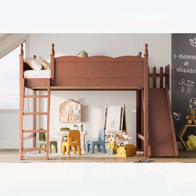 Queen Loft Bed with Storage Shelves, Wardrobe, and Detachable Slide, Solid Wood, No Box Spring Needed, Deep Natural Finish