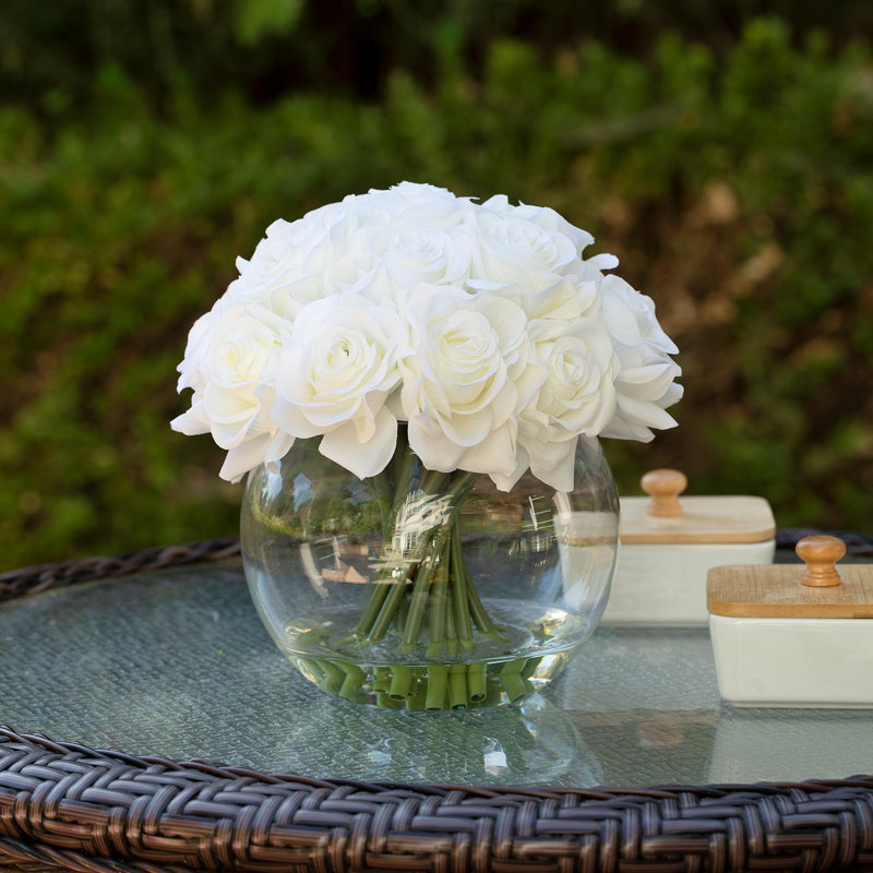 Silk Rose Arrangement in Vase, White