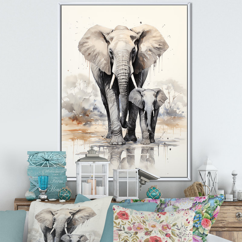 Éléphant élégant avec veau en mouvement sur toile, Cadre flottant blanc, 44" H x 34" W