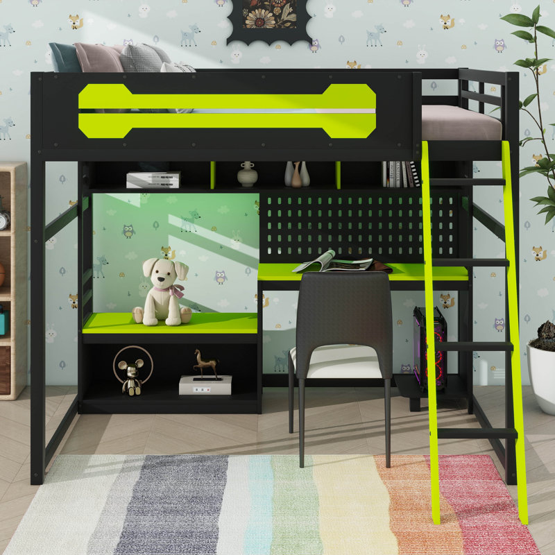 Structure contemporaine pour lit mezzanine double pleine grandeur, avec bureau, tablettes de rangement, lumières DEL, ports USB et panneau perforé