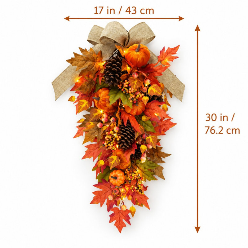 Guirlande lumineuse d'automne en forme de larme de 76 cm (30 po) avec citrouilles, feuilles d'érable et pommes de pin