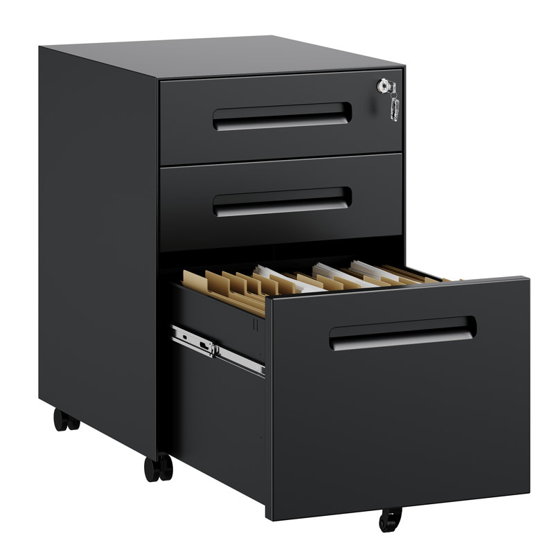 3 Drawer File Cabinet, Mobile File Cabinet with Lock on Wheels, Letter/Legal Size, Fully Assembled., Black