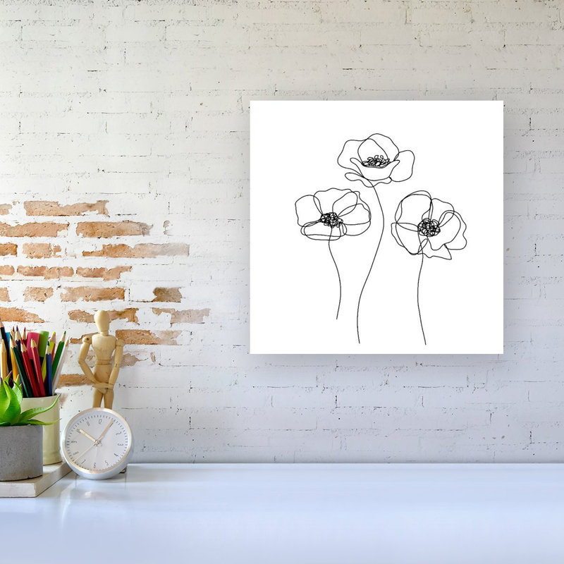 Monochrome Line Poppies - Wrapped Canvas Print, 16cm H x 16cm W x 3.8cm D