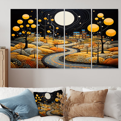 Yellow Trees Full Moon Country Road - Abstract Landscape Wall Art Decor Set 4 Piece