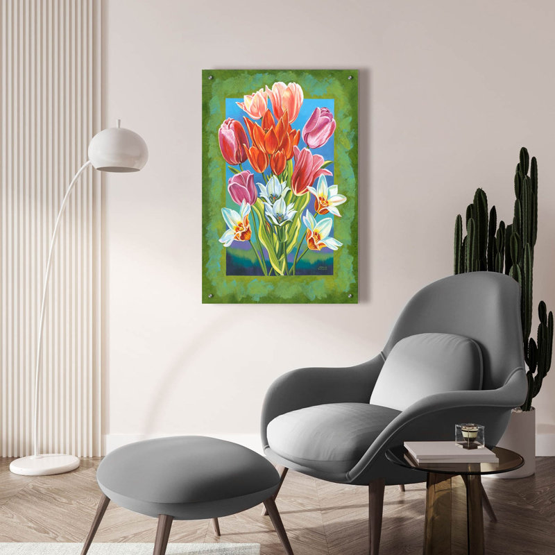 «Bouquet In Border 3» par Carolee Vitaletti, art mural en verre acrylique, H 36 po x l 24 po x P 0,2 po