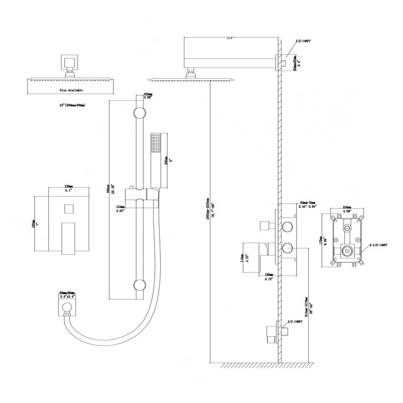 Système de douche avec barre coulissante réglable, système de douche carré mural de 12 pouces avec valve brute, nickel brossé
