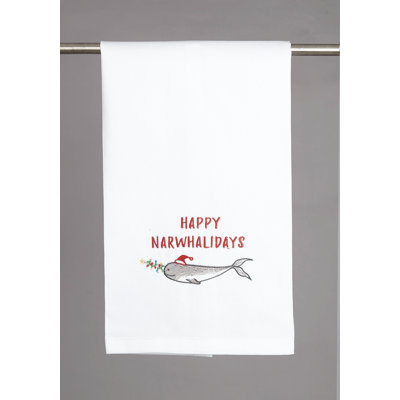 Happy Narwhalidays Cotton Embroidered Tea Towel