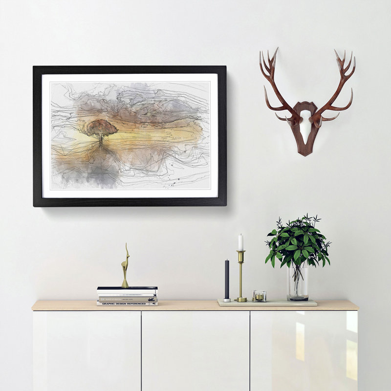 Flying Birds over a Lone Tree in Abstract - Picture Frame Graphic Art Print, Black, 50cm H x 76cm W x 2cm D