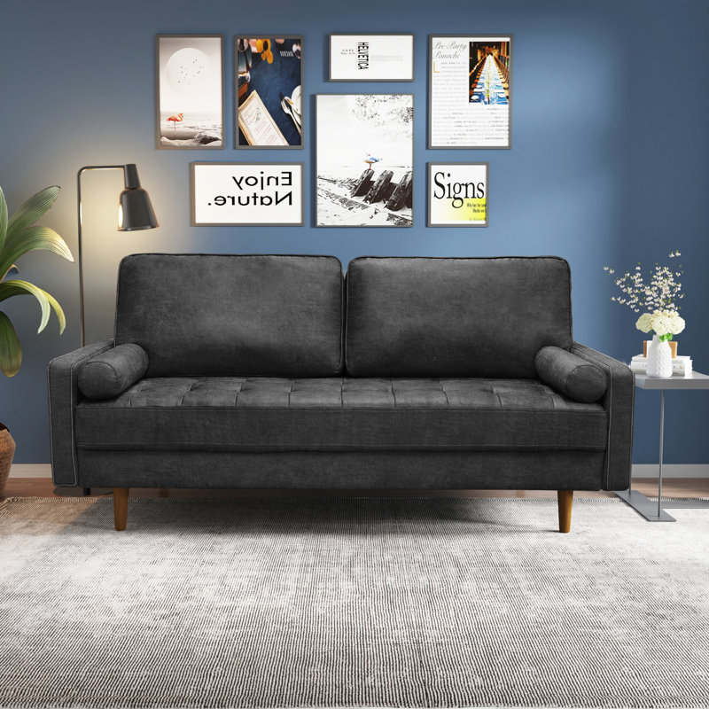 Aisha 70" Faux Leather Square Arm Loveseat, Charcoal Faux Leather