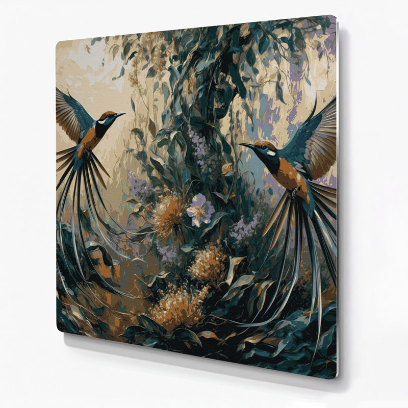 Oiseaux, paradis africain, mouchoir gris, art mural en métal, H 8 po x l 8 po