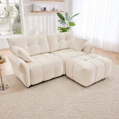 Canapé moderne à 2 places en tissu chenille avec repose-pieds - Design minimaliste avec tissu texturé - Idéal pour le salon, un appartement ou un dortoir - Blanc