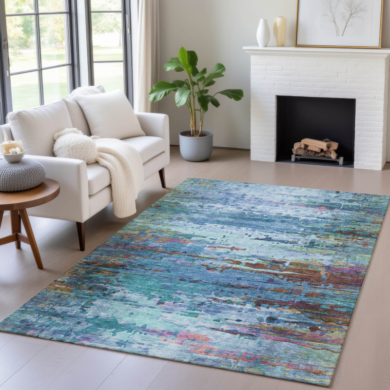 Tapis bleu intérieur / extérieur lavable à la machine Xhevrie, Rectangle 10 pi x 14 pi