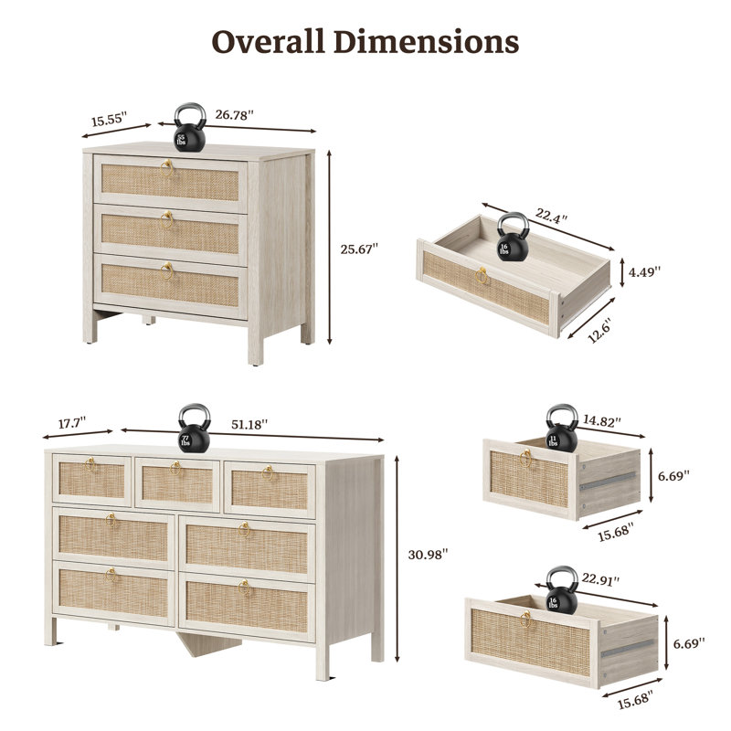 Ensemble de chambre à coucher 3 pièces en rotin bohème, commode à 7 tiroirs et tables de chevet à 3 tiroirs