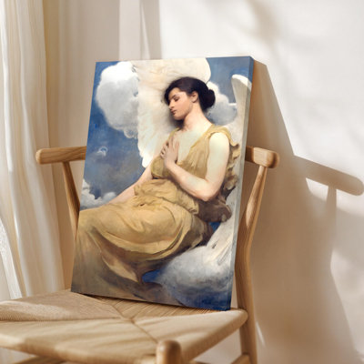 Art mural encadré, ange en robe dorée, ailes déployées, pose sereine, style réaliste de peinture à l'huile. Décoration murale, grande œuvre d'art pour le salon, prête à être suspendue, 24 po x 36 po