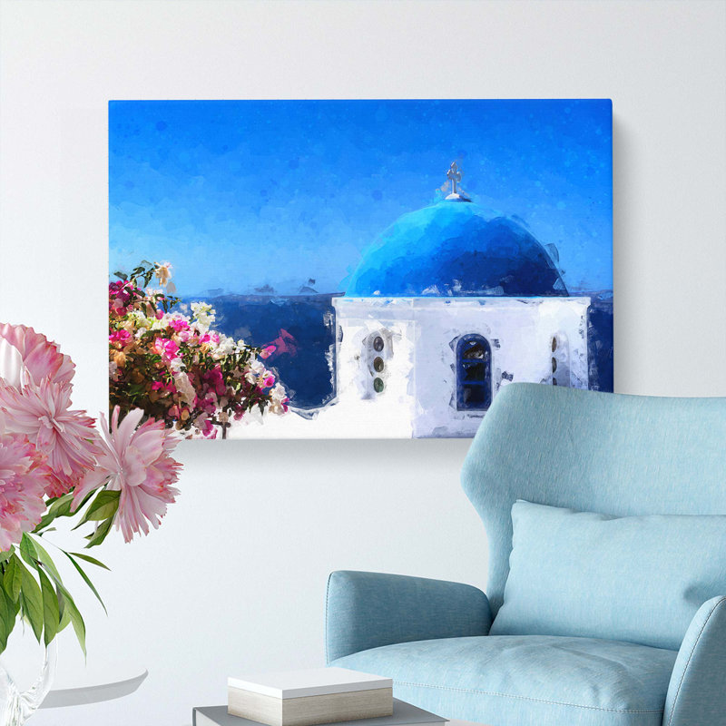 Santorini Blue Domed Church In Abstract - Wrapped Canvas, 50cm H x 76cm W x 3cm D