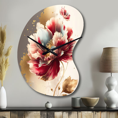 Fabyan Bold Red Floral Design II - horloges métalliques asymétriques florales, horloge murale de forme irrégulière rouge