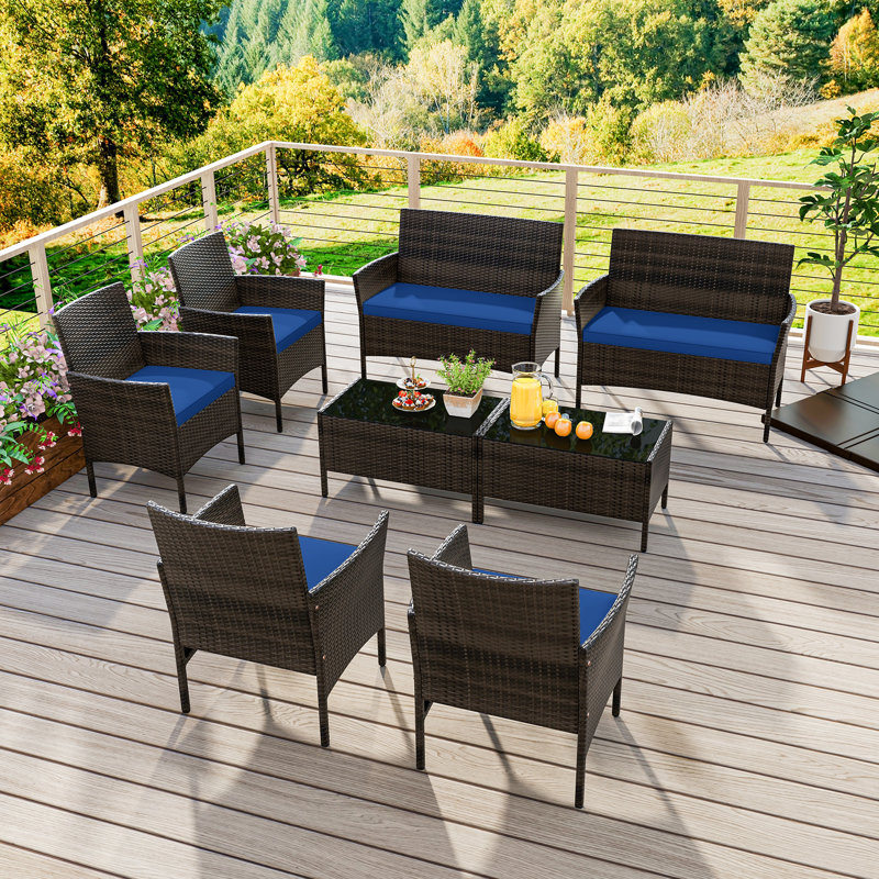 Klea Wicker 8 - Person Patio Conversation Set with Cushions, Navy
