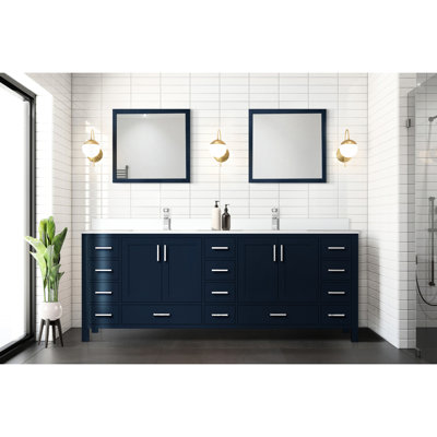 Navy Blue Double Bath Vanity 84in X 22in, White Quartz Top, Faucet Included, 34in Mirrors - Long-lasting Scratch And Stain Resistance For Bathroom Sink Cabinet 84" W 22" D With Surface, Faucet, 34"