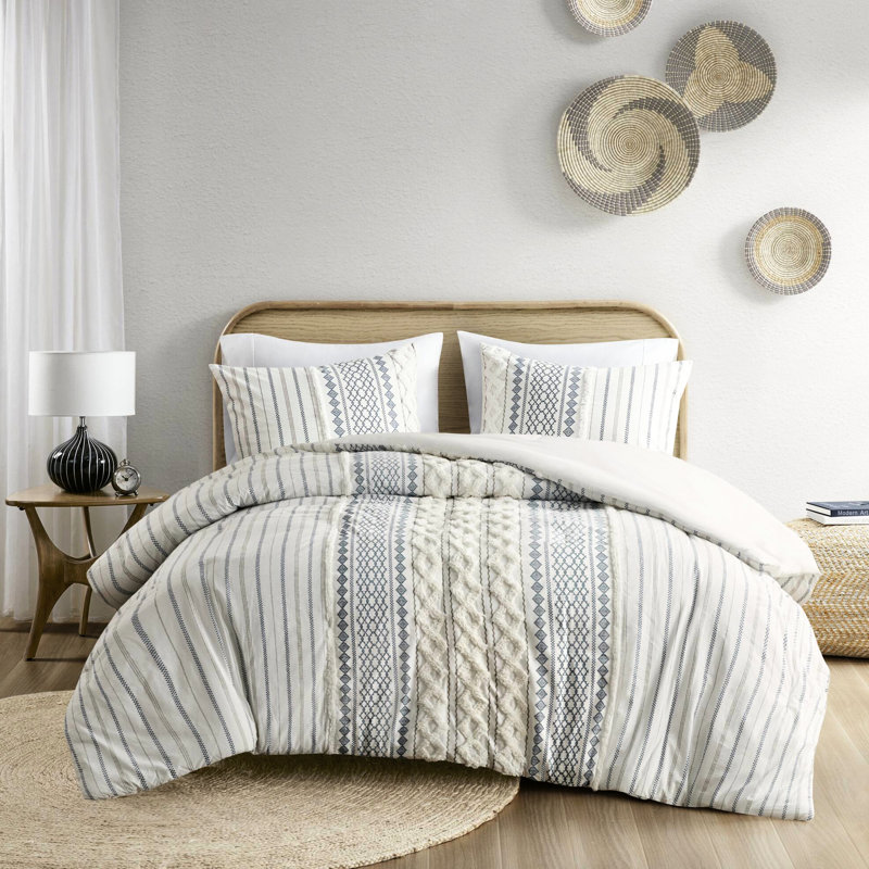 Édredon en chenille de coton grand - blanc et bleu marine avec 2 taies décoratives assorties, Blanc / bleu