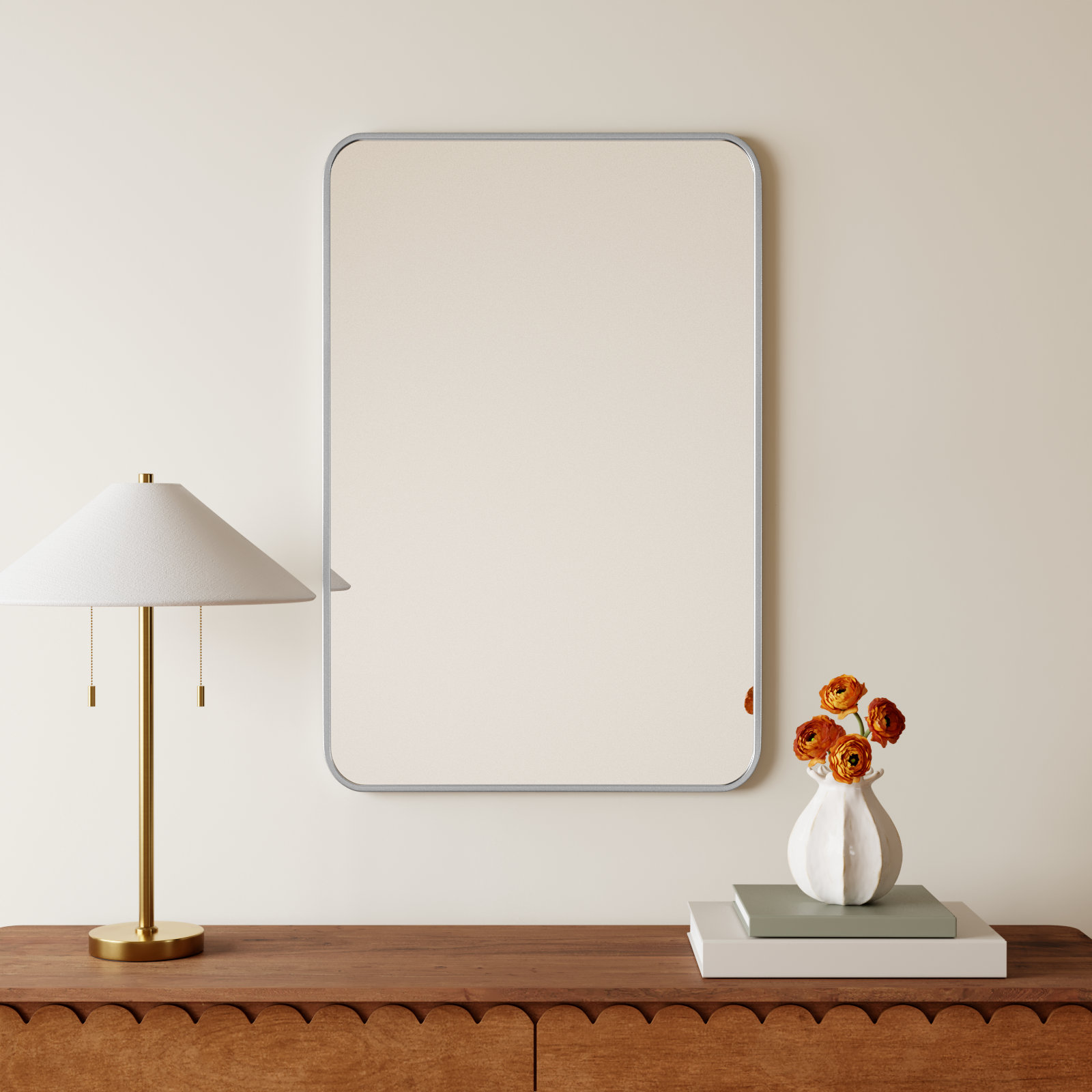 Sabine Metal Rounded Rectangle Wall Mirror, 36'' H x 24'' W, Silver