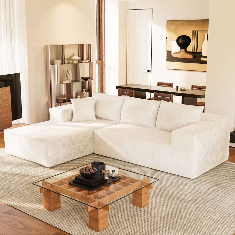 Boneless 108" L-Shaped Cloud Sectional Sofa With 3 Seats, Deep Seat Comfort Compression Couch For Living Room, Beige Chenille