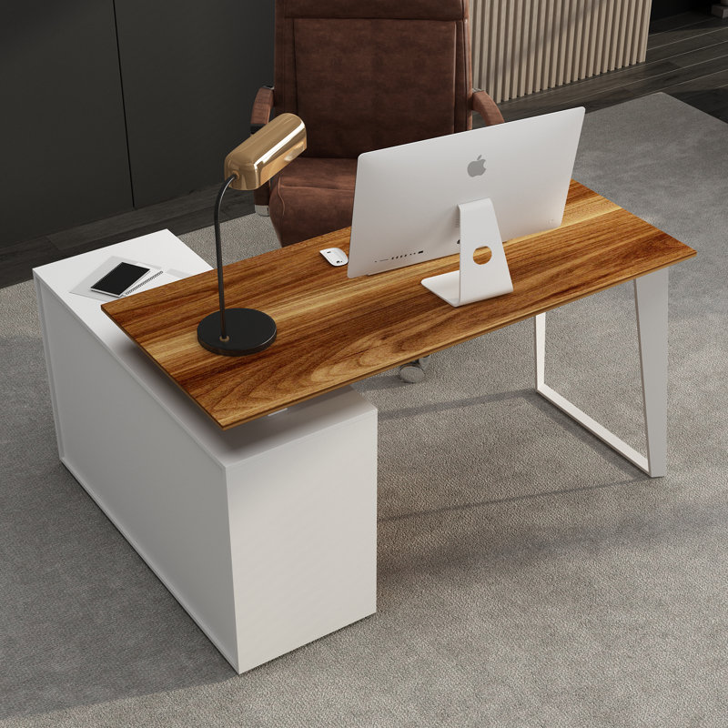 Contemporary L-Shaped Desk With Storage Cabinet And Wide Workspace - Natural Wood And Black/White Finish, White