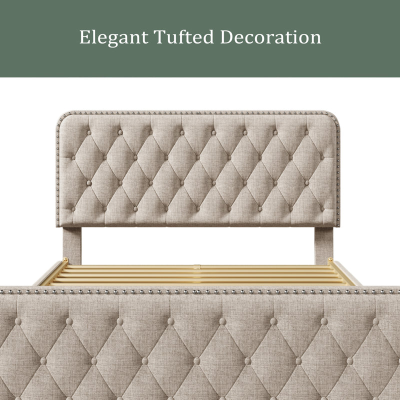 Lit plateforme tapissier avec rangement Jesley, Beige, Complète