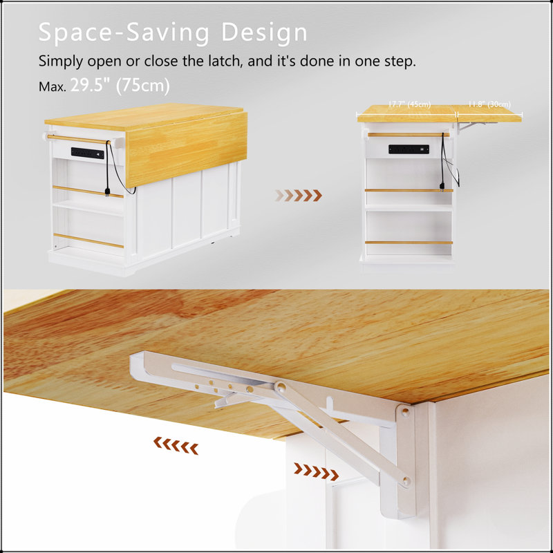 53Inch Large Kitchen Island With 2 Bar Stools, Power Outlets, And Ample Storage For Modern Kitchens And Dining Rooms, White