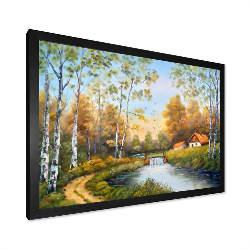 «Beautiful Cottage On River pendant la saison d'automne II», reproduction sur toile flottante, Cadre noir