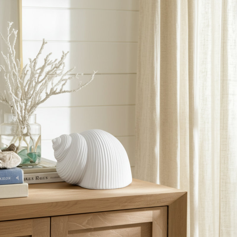 Coastal Shell Stoneware Figurine with Textured Design and Sculptural Detailing for Nautical and Beach-Themed Decorative Accents