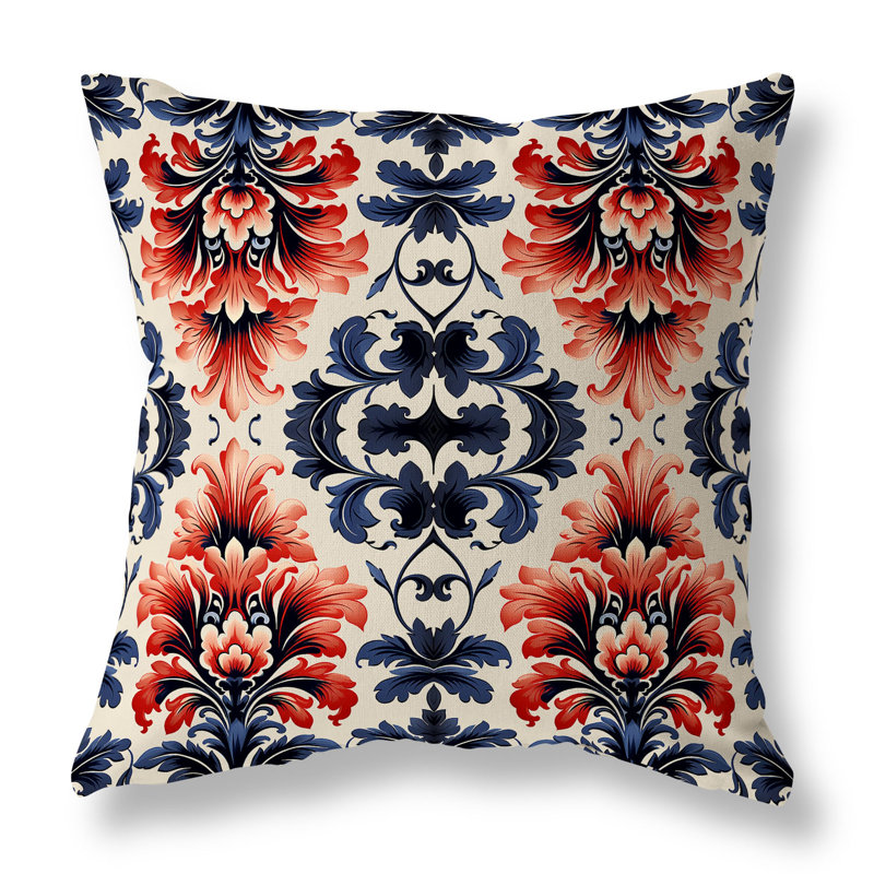 Red and Gray Damask Reversible Square Throw Pillow