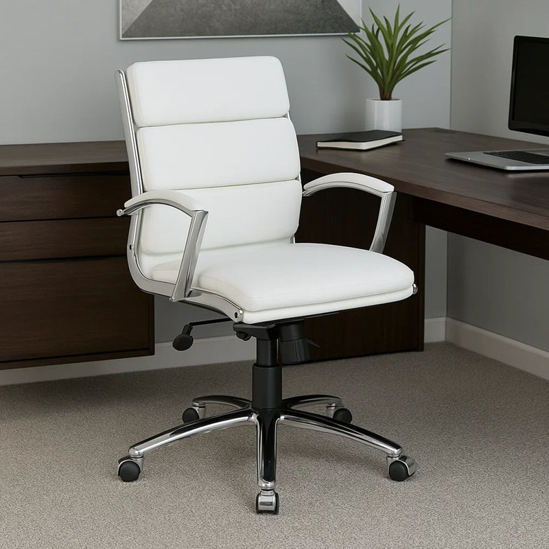 Dave Executive Swivel Chair With Metal Chrome Finish, White Vinyl, White