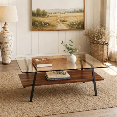 Table basse rectangulaire, plateau de table en verre trempé avec pieds en métal