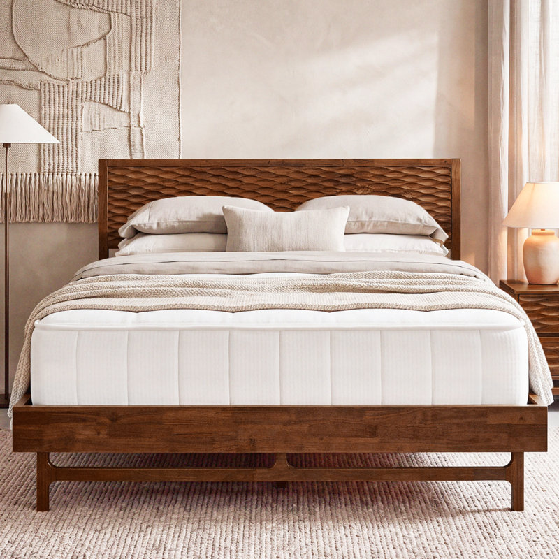 King Premium Solid Wood Platform Bed Frame Walnut Finish with Sculpted Spearhead Headboard – Mid-Century Modern Style, 800lbs Capacity, All Mattress Support, No Box Spring Needed