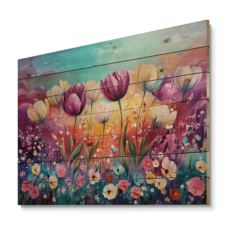 Fantasy Lavender And Tulips Field I - Tulips Wood Print - On Natural Pine Wood, 34" H x 44" W x 0.78" D