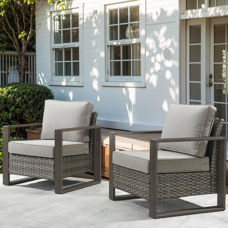 Drazen Outdoor Wicker Club Chair Set Of 2 With Thick Cushions & Unique Wood-Grain Armrests, Gray/Gray