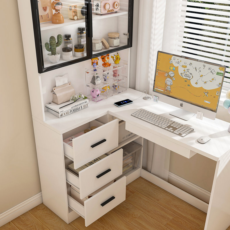 Computer Desk with Glass Cabinets & Built-In LED Lights, Corner L-Shaped Office Desk with USB Charging Ports, Keyboard Tray, Ergonomic Design for Home and Corporate Workspaces(White)