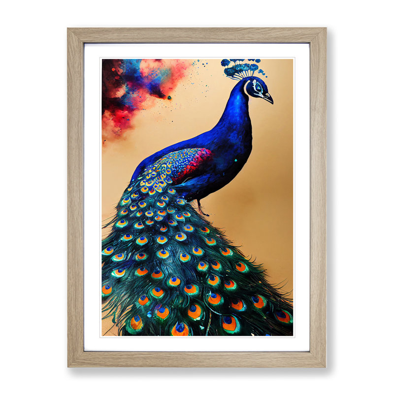 Vivid Peacock - Wall Art, 48cm H x 36cm W x 2cm D, Oak Framed Paper, White