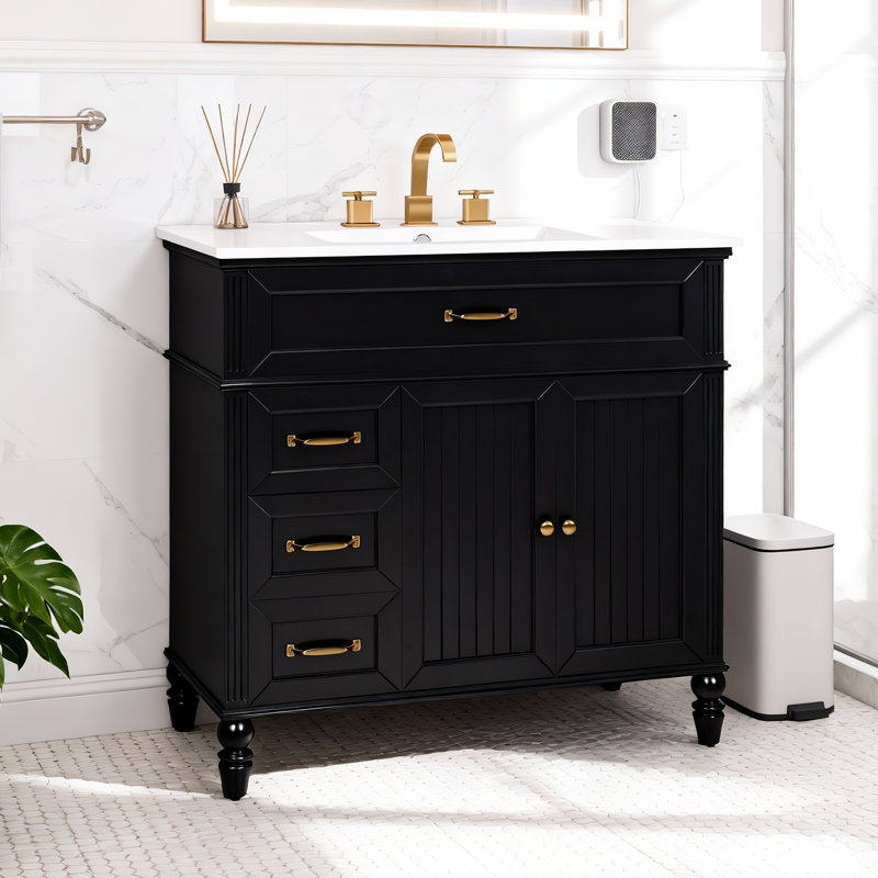 Meuble-lavabo 36 po avec lavabo en céramique, Noir, Doré