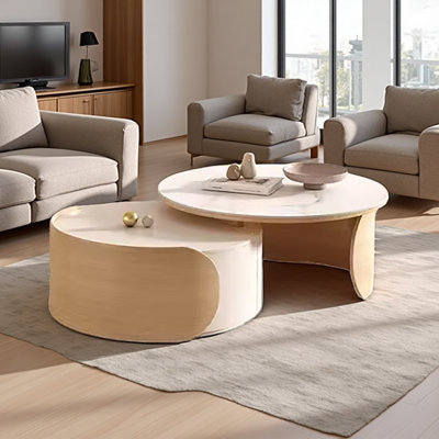 Table basse gigogne ronde 31,6 po avec plateau en marbre et 1 grand tiroir