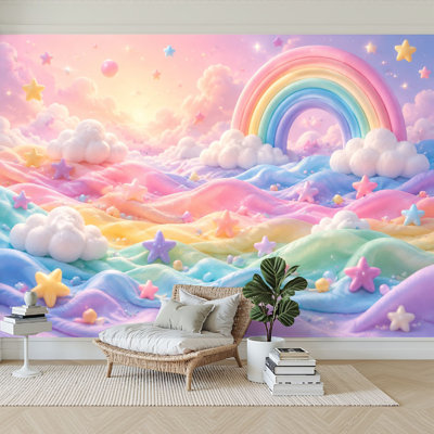 Wall Mural Peel and Stick Wallpaper Pastel Rainbow Cloud Fantasy Landscape Stars Soft Colorful Waves Self-Adhesive Removable Contact Paper Wall Decor for Living Room Bedroom 100"H x 144"W