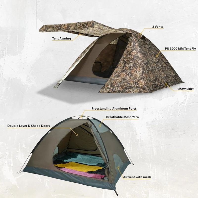 Tente de camping pour 4 personnes 4 saisons avec sac à dos imperméable avec vestibule, abri extérieur autoportant à double paroi