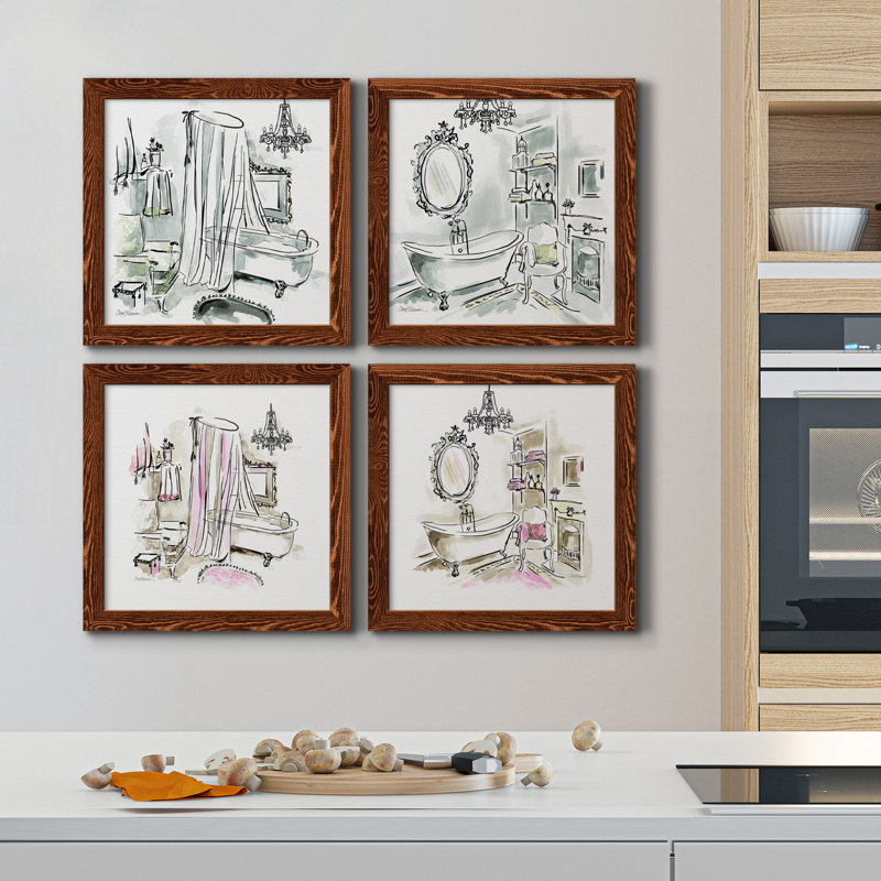 «Opulent Bath I», ensemble de 4 peintures sur toile encadrées, H 40 po x l 40 po x P 1,5 po, Toile avec cadre érable