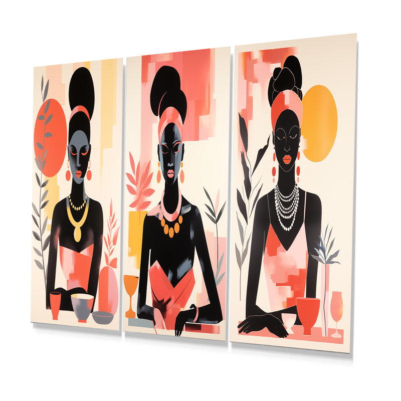 Soft Color Boho African Art I - Woman African American Metal Wall Art Prints Set Of 3, 28" H x 36" W