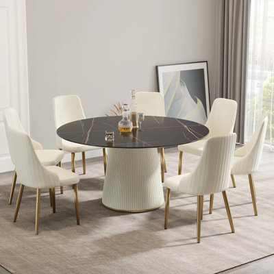 Table de salle à manger 59,05 "en pierre artificielle ronde ronde en contreplaqué beige pu pouvant accueillir 8 personnes (sans les chaises)