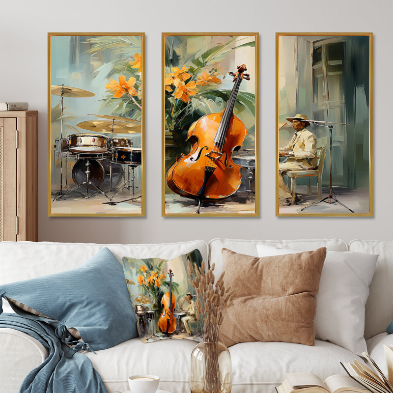 Cello Jazz Rhythms - Music Wall Art, 32" H x 48" W, Gold Floater Framed