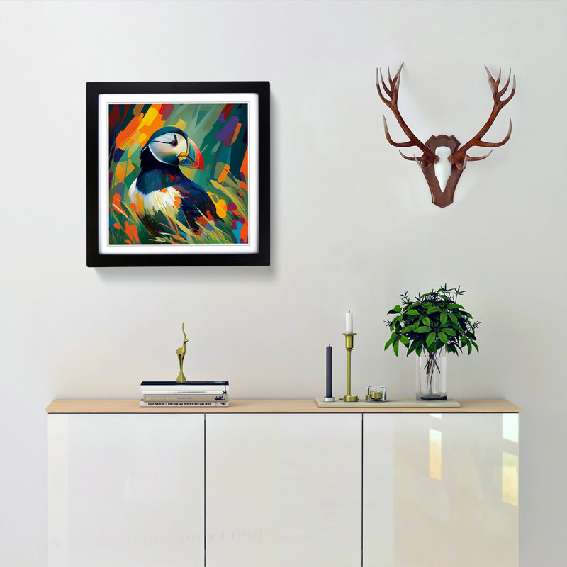Puffin Fauvism - Single Picture Frame Print on Wood, Black