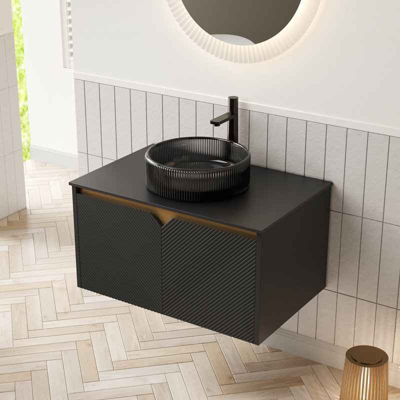 Meuble-lavabo et lavabo Ruben de 30 po, armoire de rangement flottante murale en contreplaqué, portes doubles en sergé avec garniture en métal, vasque ronde en céramique noire avec motif en pierre et plateau en pierre frittée noire, noir