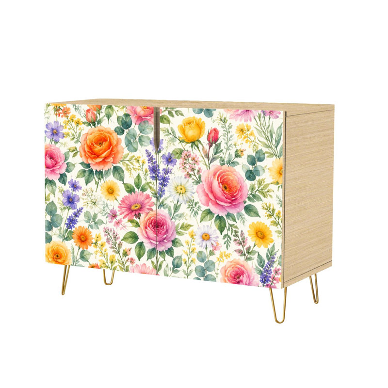 Buffet Buffet avec rangement Fleurs roses colorées lavande crème et fleurs sauvages avec 2 portes pour le salon et la cuisine